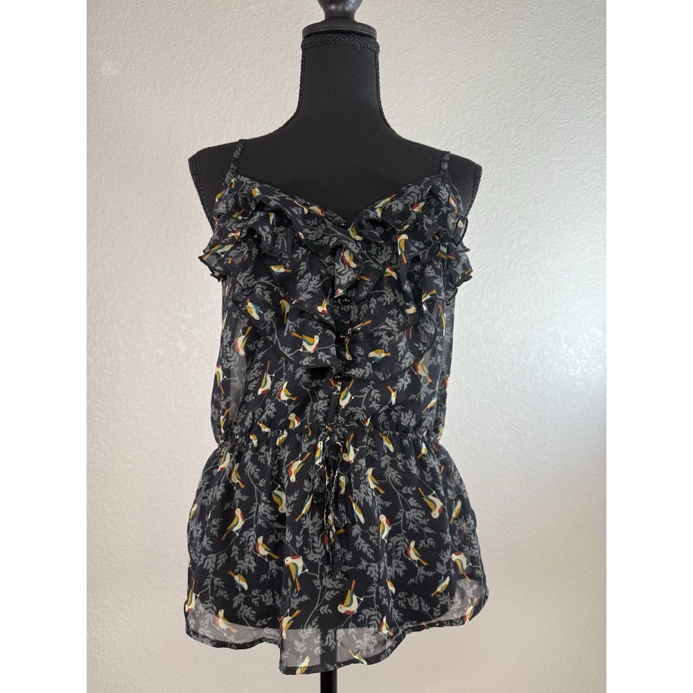 Forever 21 Women's Top Small Novelty Bird Print Sheer Ruffled Sheer Cinched
